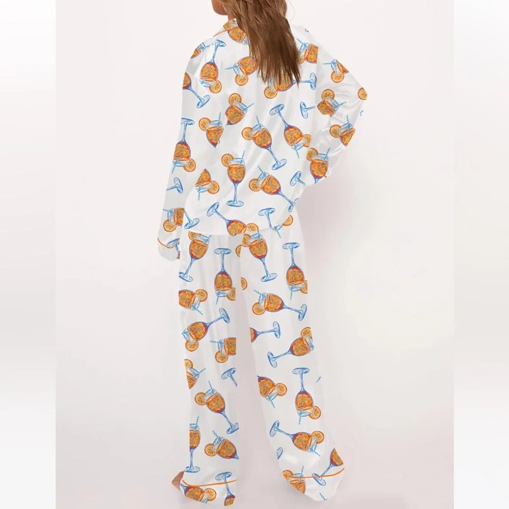 White Satin Pajama Set with Aperol Spritz Print - Picture 2 of 4